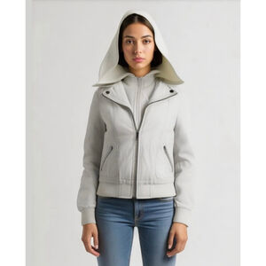 New Look Jacket Sm White‎ Faux Leather Detachachable Hoodie Underneath Motocore